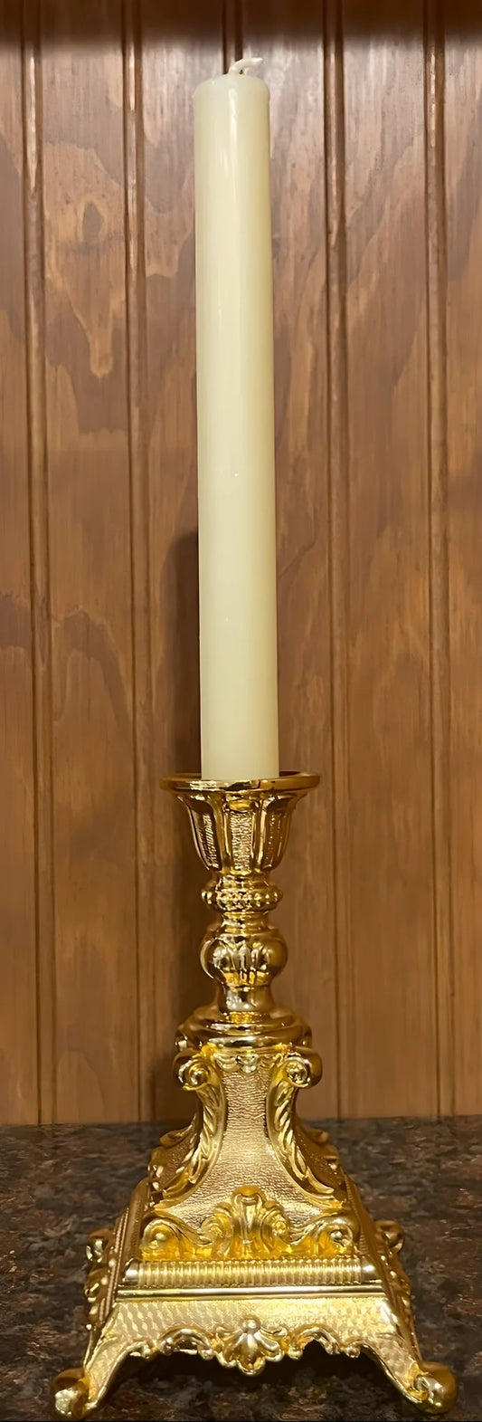 100% BEESWAX CANDLE & ORNATE GOLDEN CANDLE HOLDER